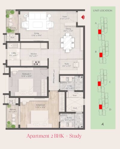 TOWER - A, B, C & D ( 7 SERIES ) SUPER BUILT- UP AREA - 1357 SQFT RERA CARPET AREA - 912 SQFT BALCONY AREA - 71 SQFT